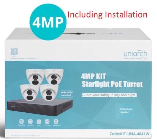 In the box: 4 x Uniarch 4MP Starlight Fixed Turret Network Camera IPC-T1E4-AF28K, 1 x 4ch NVR-104E2-P4 with 1TB HDD installed. PLEASE NOTE - this kit does NOT come with Ethernet cables. We have a large range of Premade Ethernet cables so please speak with our sales team for options.